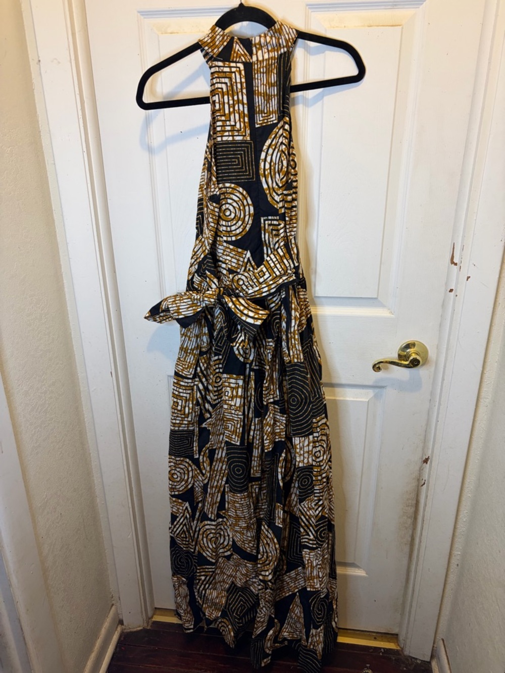 Black & Mustard African Print Geometric Halter Maxi Dress - Picture 3 of 4